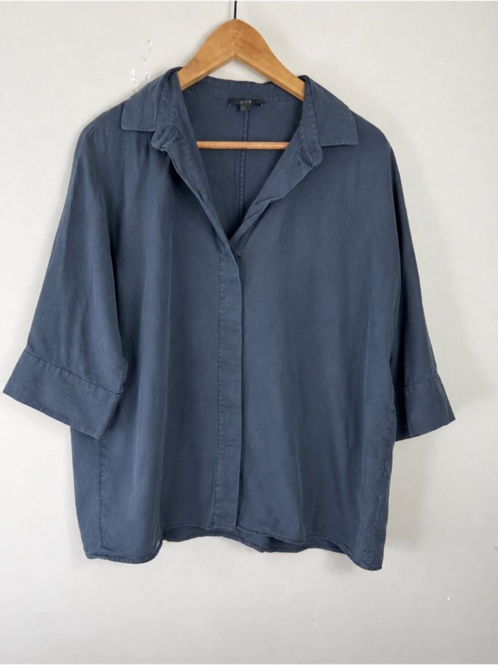 COS Oversized Boxy Short Sleeve Blue Button Down Flowy Lyocell Shirt Size XS